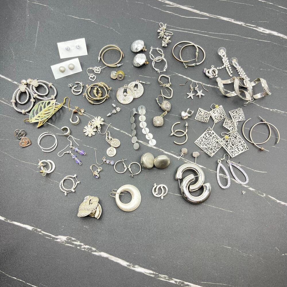 Bulk Wearable Jewelry Lot - 43 Pairs Mixed Silver Tone Earring Costume Accessory